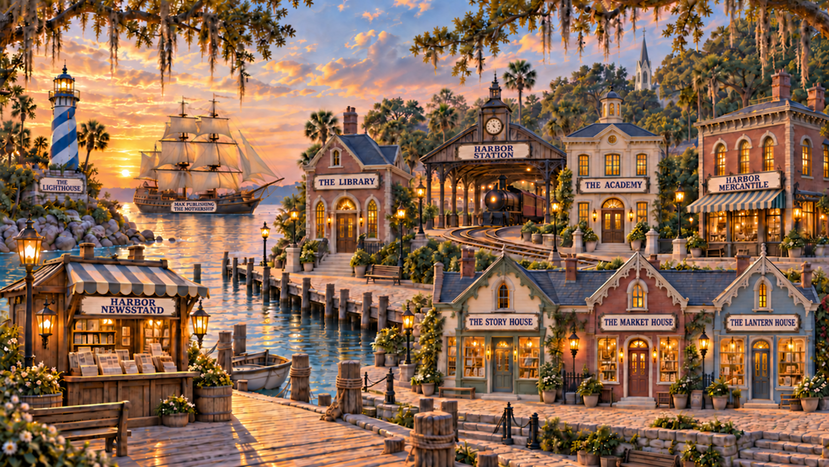 The Harbor by M&K Publishing, with its recognizable blue-striped lighthouse