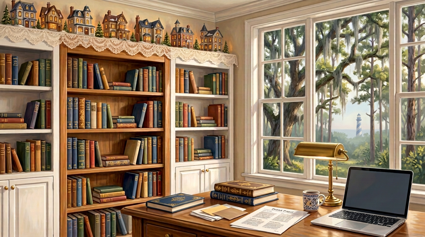 Illustrated office with wood and white bookshelves, a lit Dickens village on cream lace, and mossy oaks and pines outside the window
